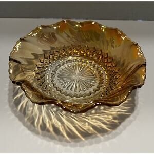 Vtg Iridescent Carnival Glass Bowl Ripple Edge Marigold Amber Diamond Cut